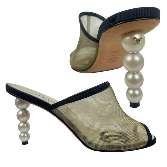 Chanel Mesh Goatskin Pearl Heel Mules Slip On Black Tan Size 37.5C - Picture 1 of 14